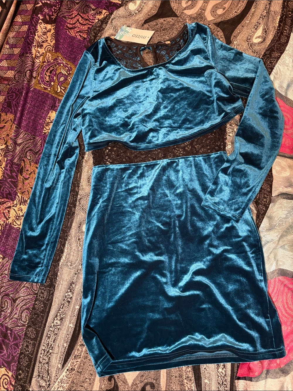 mittoshop Teal Velvet Mini Skirt Set